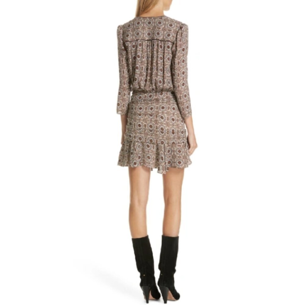 Veronica Beard 'Alamo' Tile-Print Ruched Silk Mini-Dress, Ivory/Rust - Picture 3 of 5